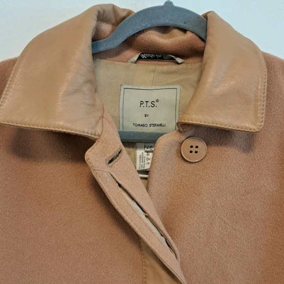 Tomaso Stefanelli Wool Coat Leather Sleeves Camel Italian Designer Sz XL 46 - Picture 5 of 14
